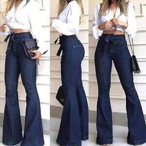 stretch high rise flare bell bottom jeans tie belt denim wide leg pants
